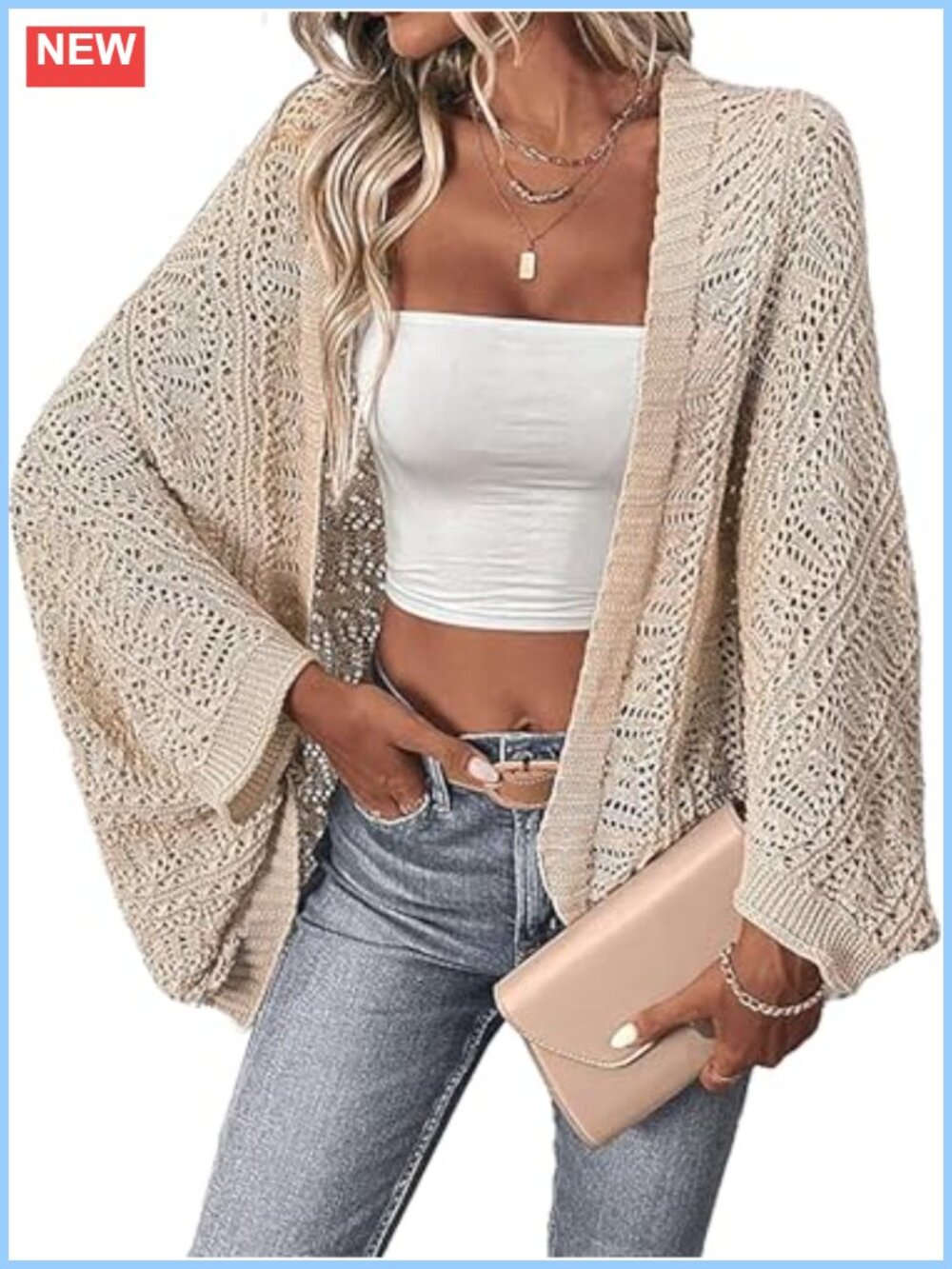 Crochet Knit Dolman Sleeve Long Cardigan Open Front Loose Fit Summer Beach